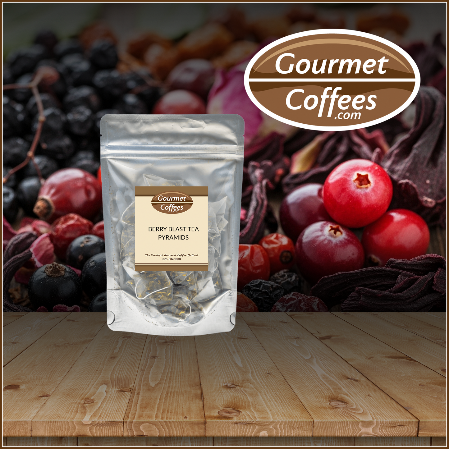 Gourmet Coffees berry blast tea package with berries in the background
