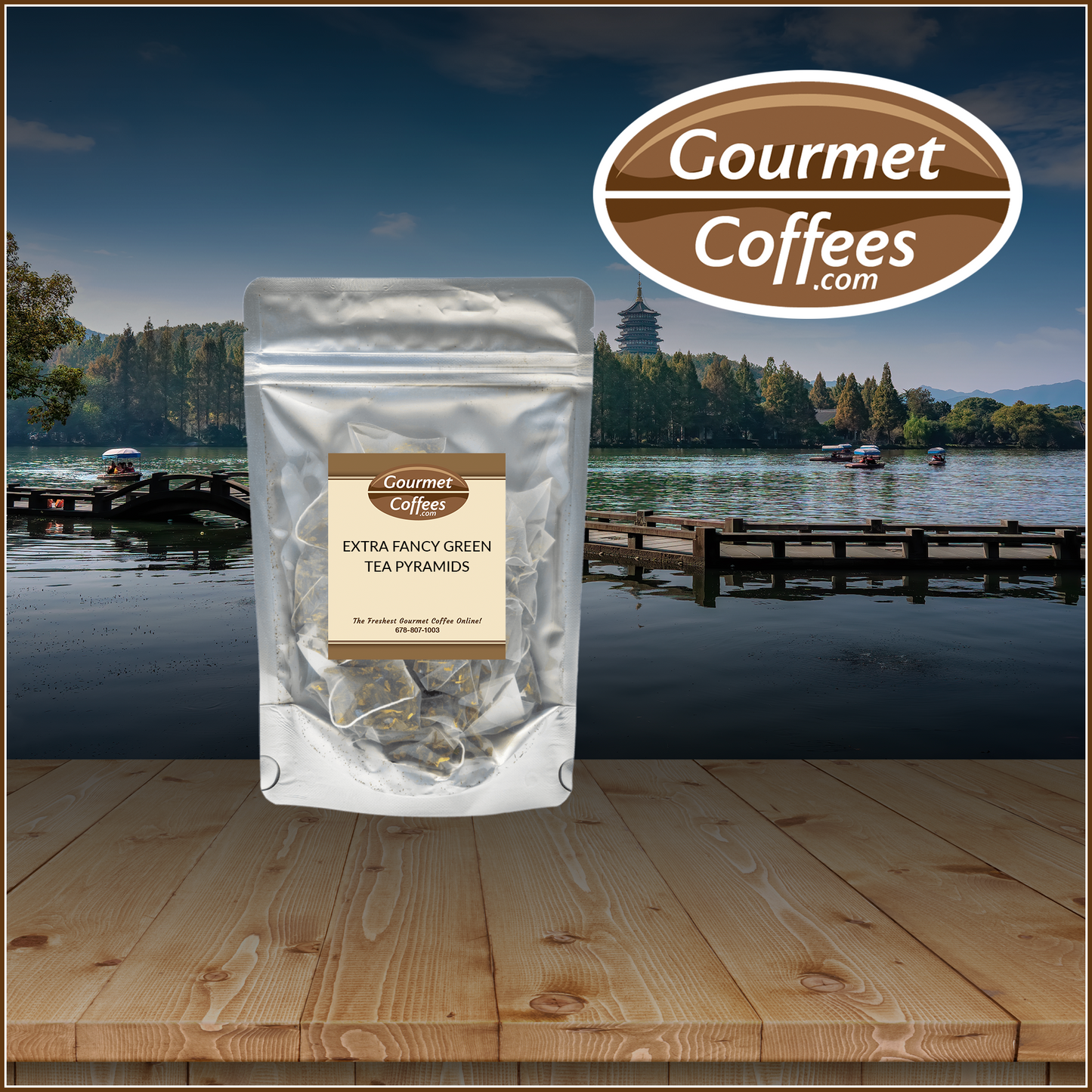 Packaged tea with 'Gourmet Coffees' branding against a scenic lake background