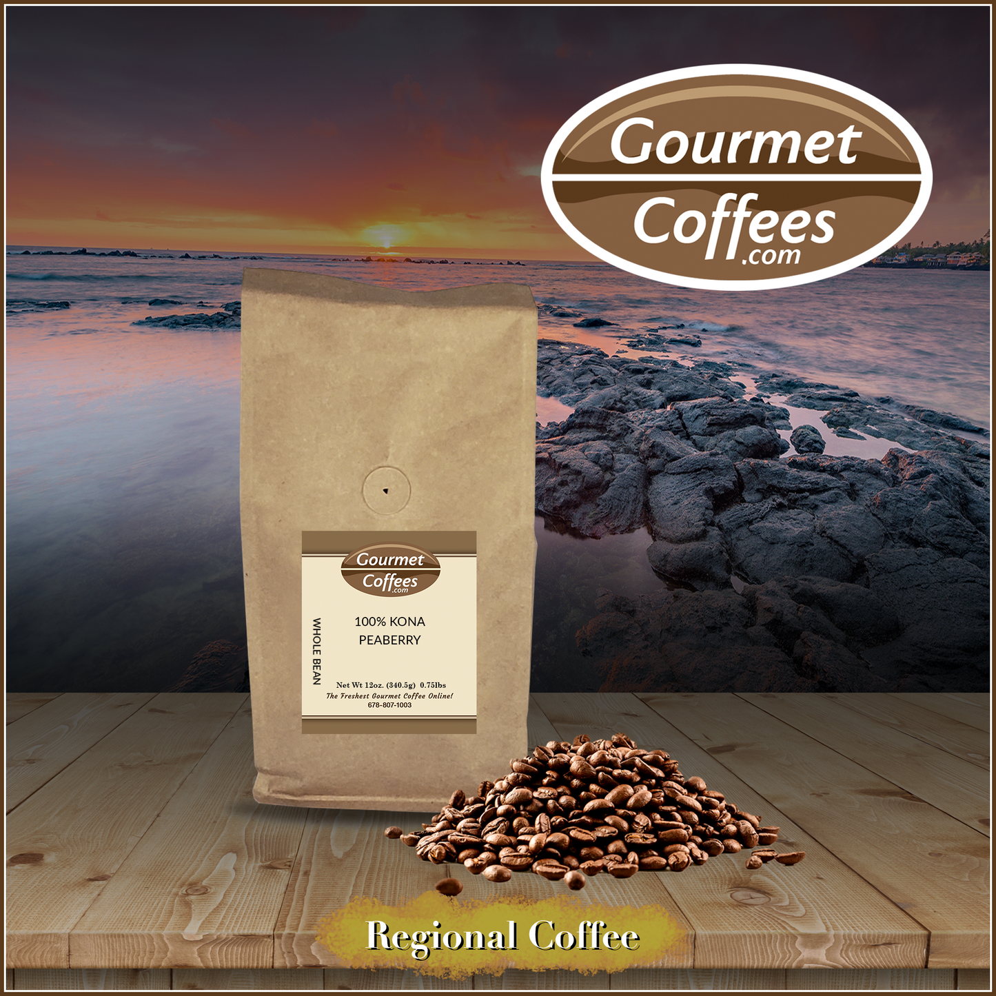 Gourmet Coffees package with coffee beans on a wooden surface and sunset background