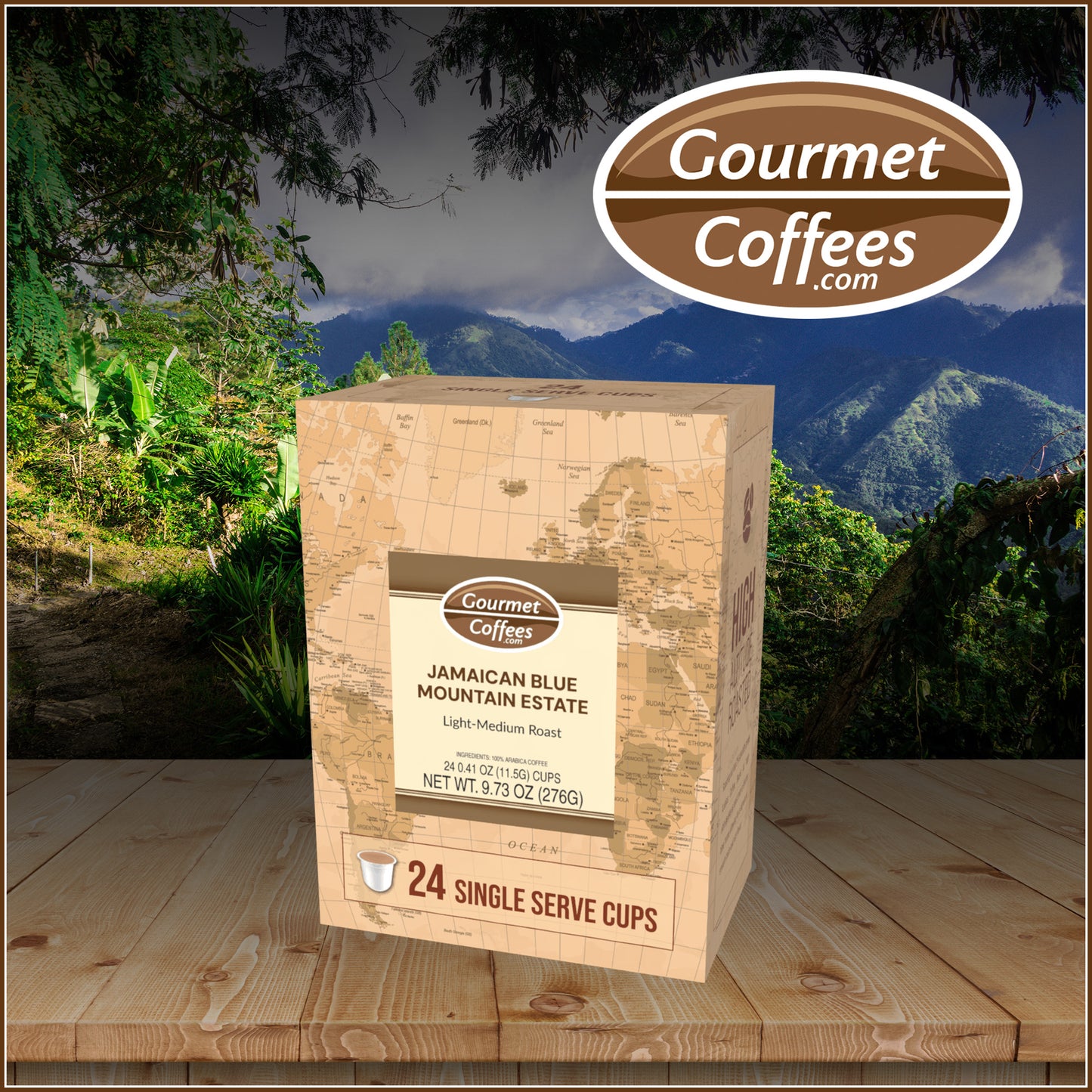 Gourmet Coffees package with a scenic background of mountains and trees