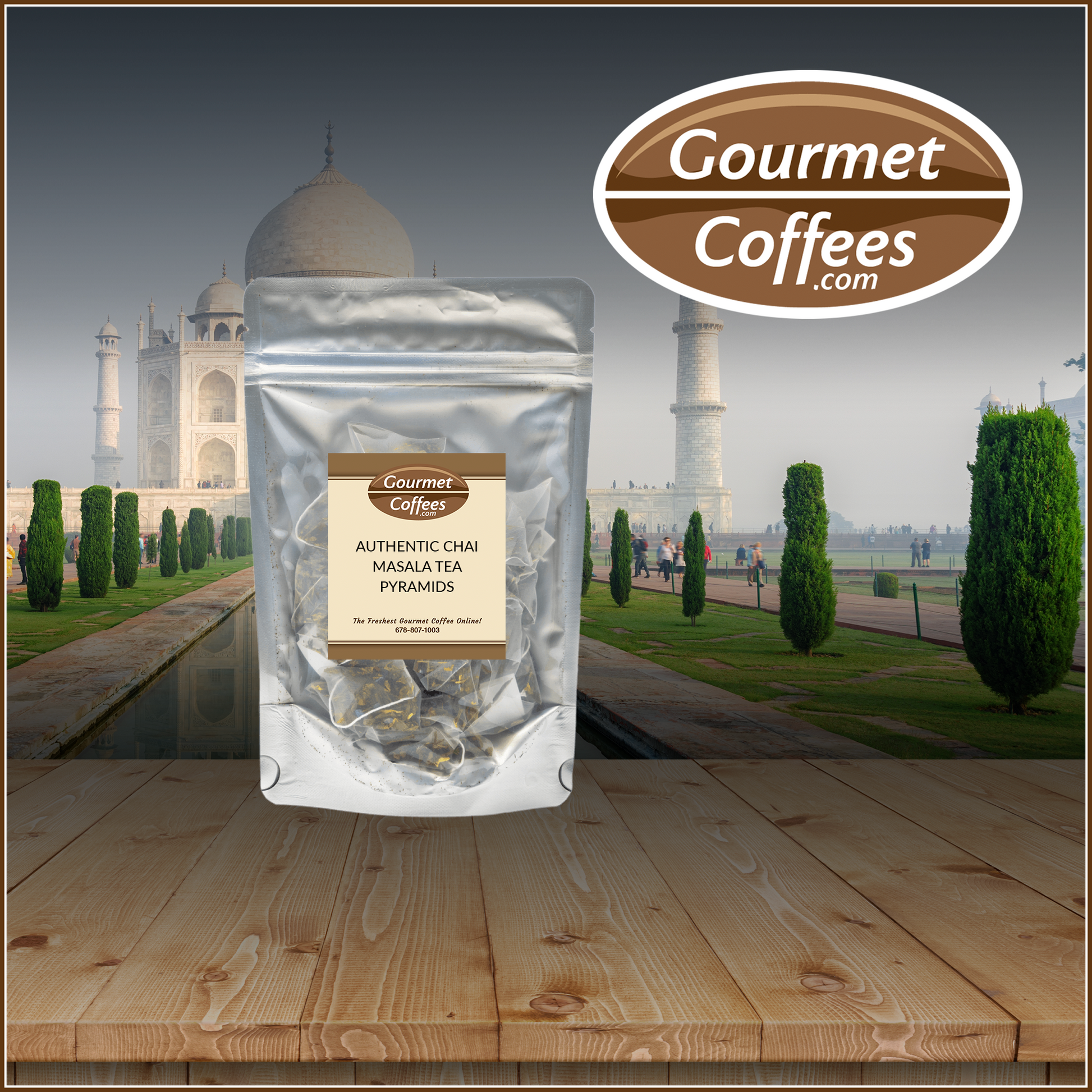 Gourmet Coffees package with Taj Mahal in the background