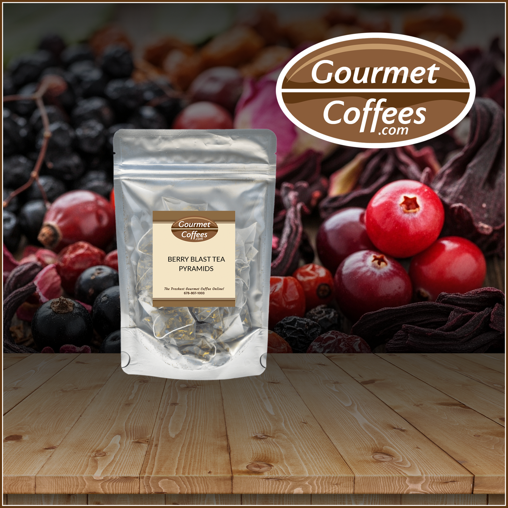 Gourmet Coffees berry blast tea package with berries in the background
