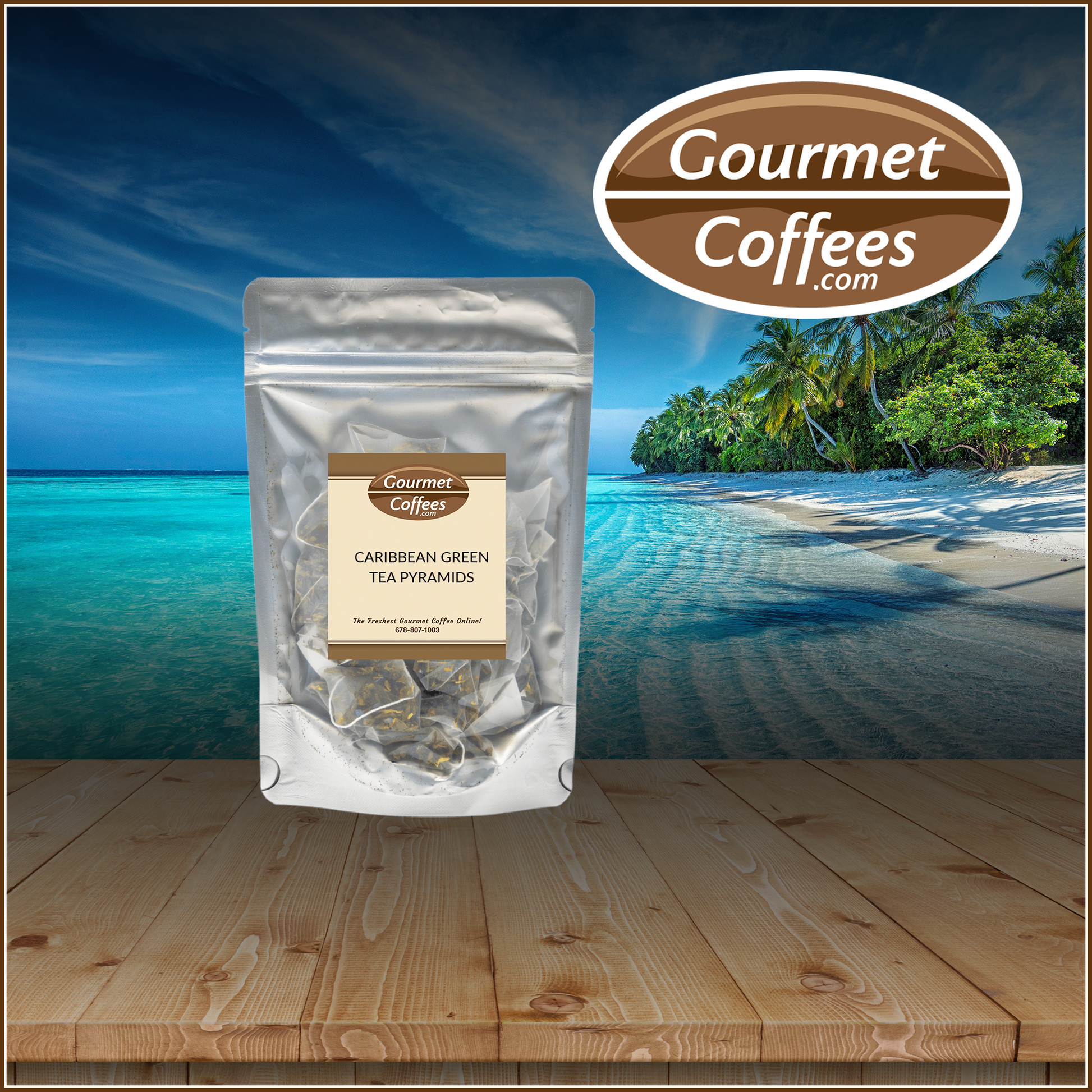 Gourmet Coffees package on a wooden surface with a scenic background