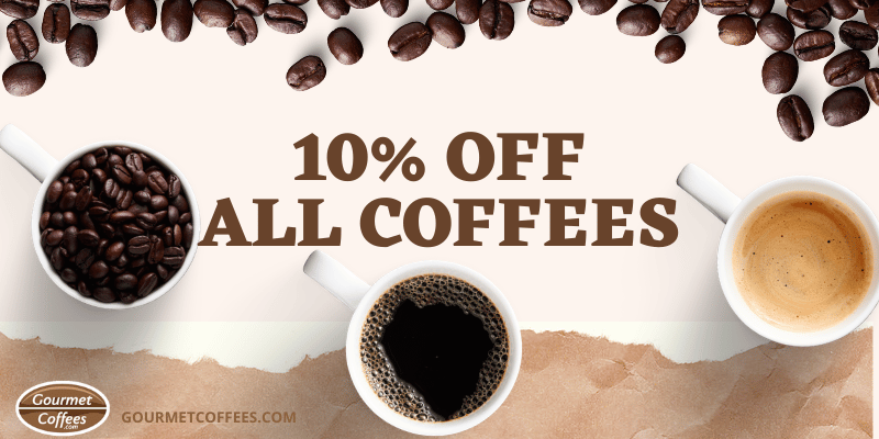 Promotional banner for Gourmet Coffees with coffee beans and cups, offering 10% off all coffees.