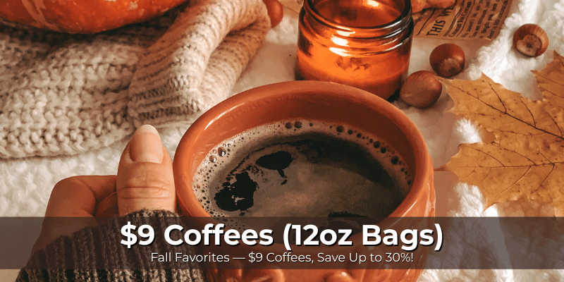 Hand holding ht cup of coffee in a fall setting.  Text reads "$9 Coffees (12oz Bags) Fall Favorites — $9 Coffees, Save Up to 30%!"