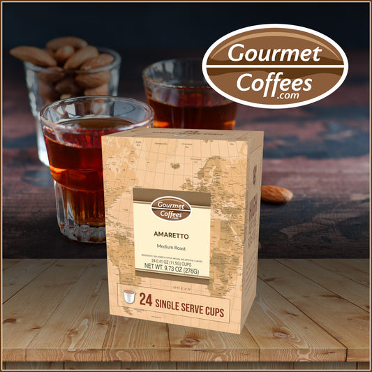 Amaretto coffee package with glasses of coffee in the background on a wooden surface.