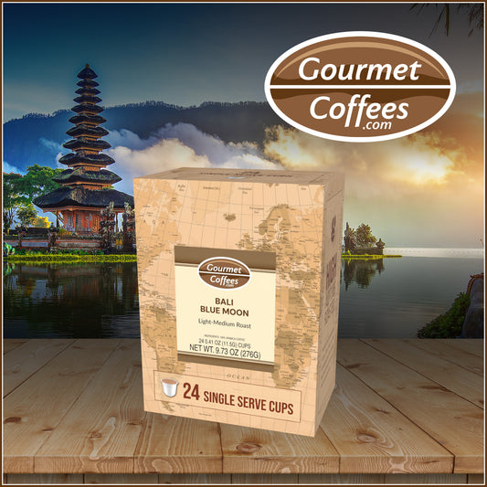 Gourmet Coffees product packaging with Bali temple and lake in the background