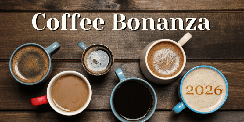 Coffee cups with different beverages on a wooden surface, labeled 'Coffee Bonanza 2026'.