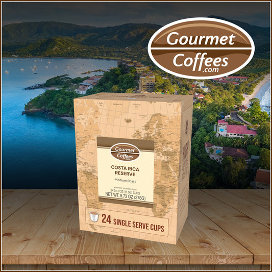 Box of Costa Rica Reserve single serve coffee cups with a scenic background