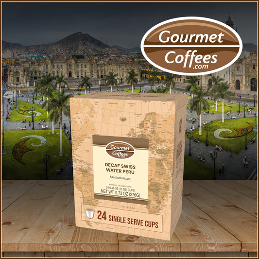 Box of Gourmet Coffees single serve cups with a scenic background