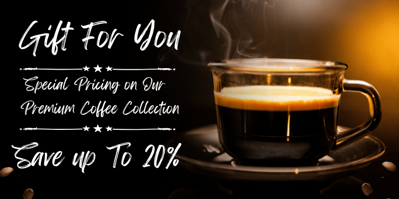 Steaming coffee cup with promotional text for a premium coffee collection on a dark background