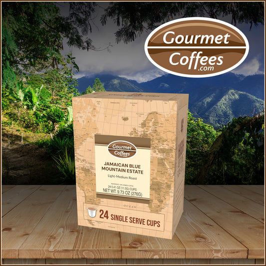 Gourmet Coffees package with a scenic background of mountains and trees
