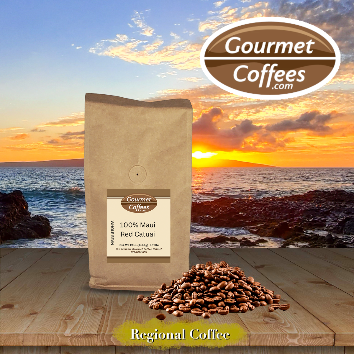 A kraft paper bag of Gourmet Coffees 100% Maui Red Catuai coffee stands on a wooden table with a pile of coffee beans in front, set against a scenic sunset over the ocean.