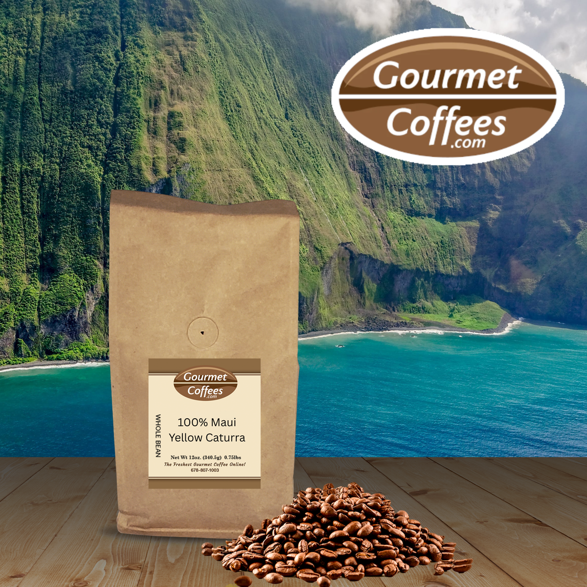 A bag of Gourmet Coffees 100% Maui Yellow Caturra coffee stands on a wooden surface with roasted coffee beans in front, set against a scenic background of a lush green mountain and turquoise ocean. A 'Gourmet Coffees.