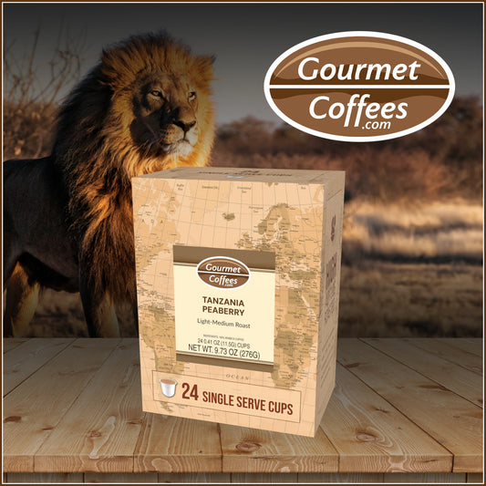 Gourmet Coffees.com packaging with a lion in the background
