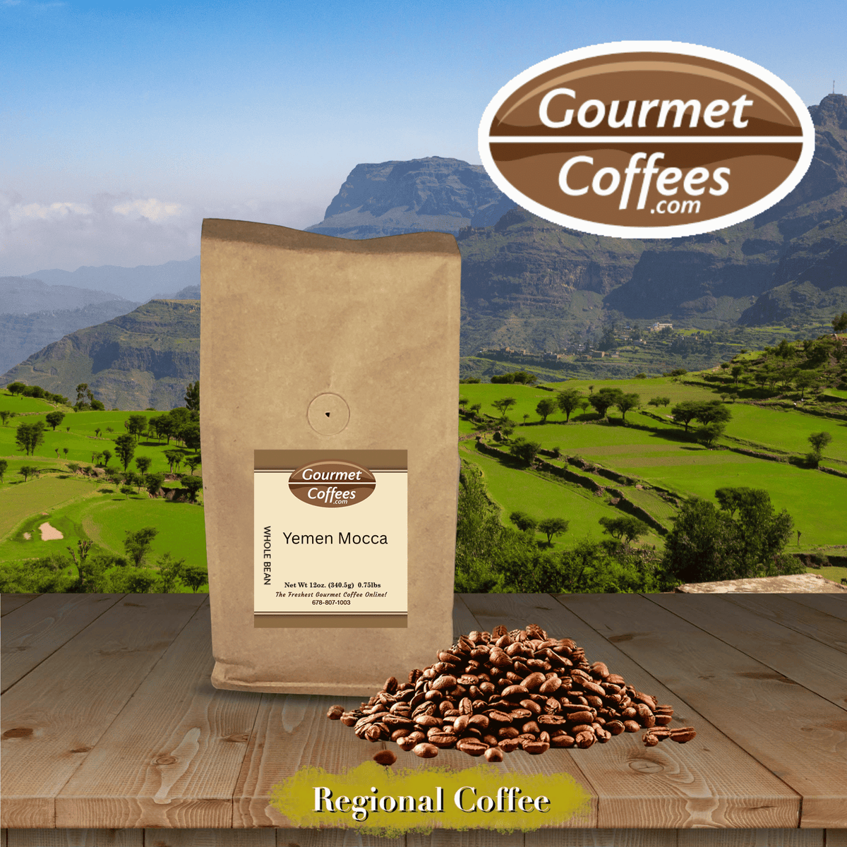 A Bag of Yemen Mocca Coffee with Yemen Mountains in the background