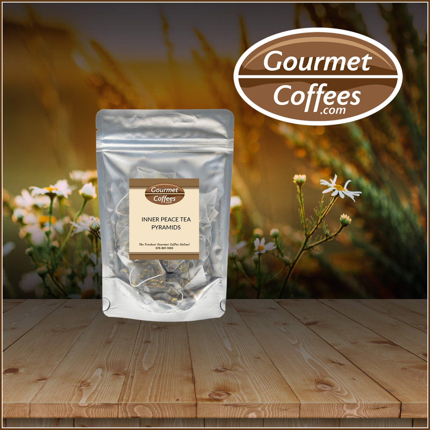 Gourmet Coffees.com package of Inner Peace Tea Pyramids on a wooden surface with a blurred natural background.