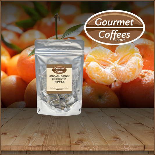 Packaged Mandarin Orange Rooibos Tea with mandarin oranges in the background, featuring Gourmet Coffees.com branding.